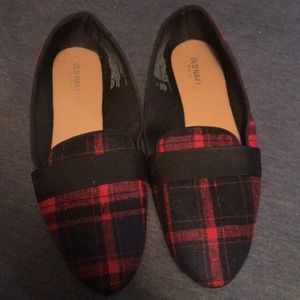 Red plaid loafer-style shoes